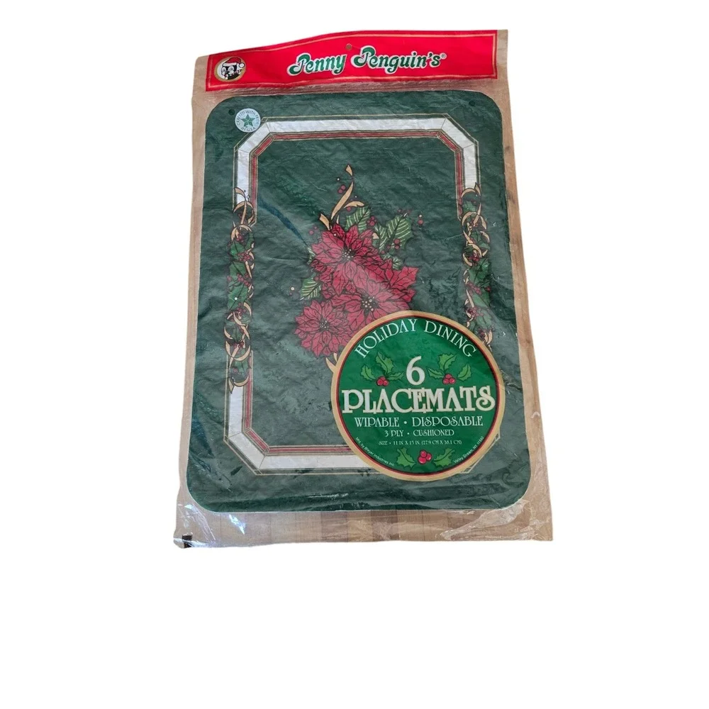 NWT Vintage PENNY PENGUIN'S Christmas 6 Placemats Red Poinsettias  15
